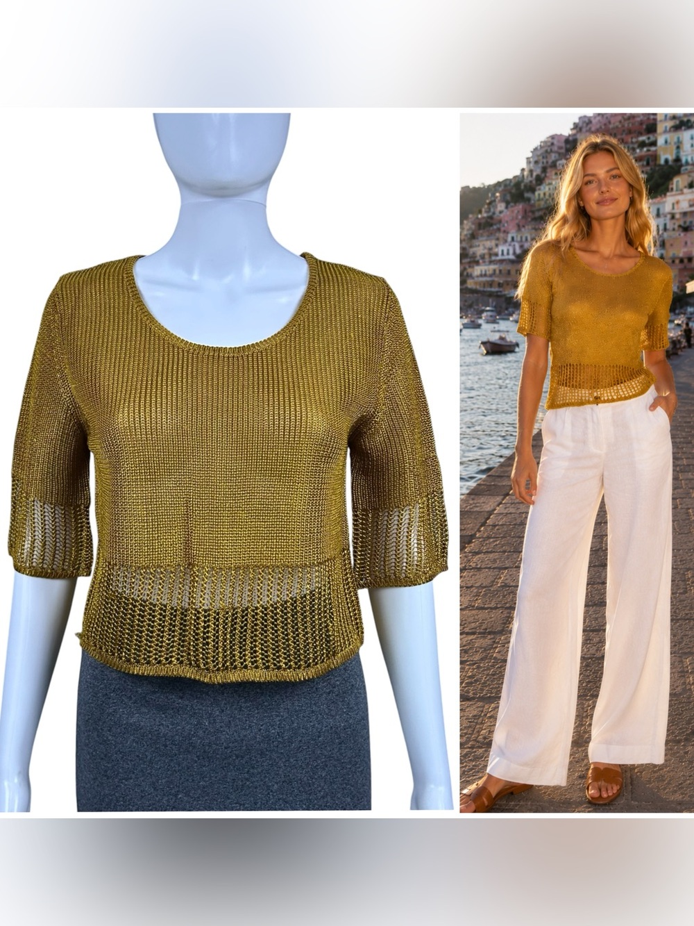 Missoni Sport Metallic Gold Knit Open Weave Short Sleeve Sweater Top XS Italy